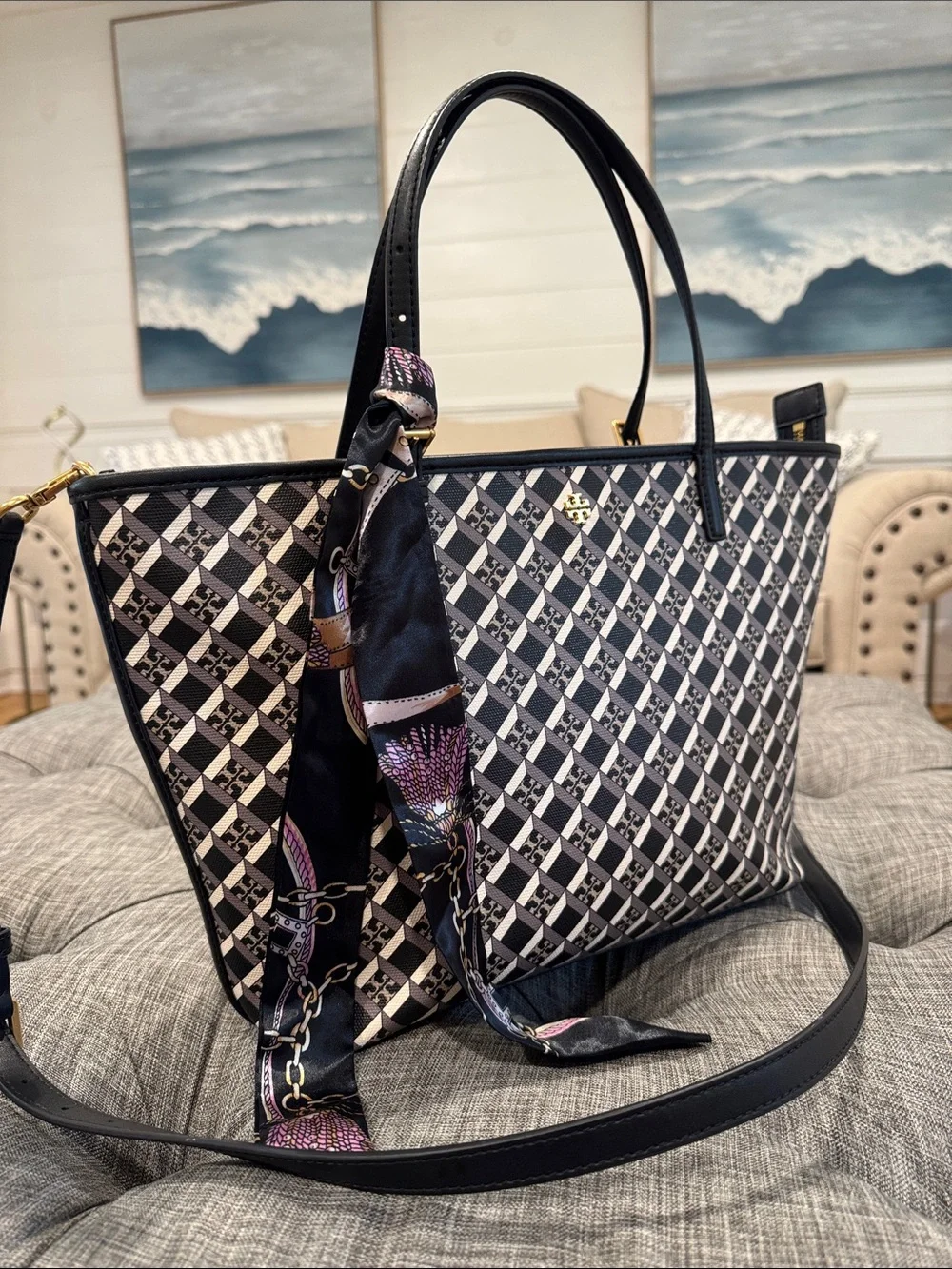 Tory Burch Bag Geo Logo Black & White Print Leather Tote Bag Satchel Crossbody